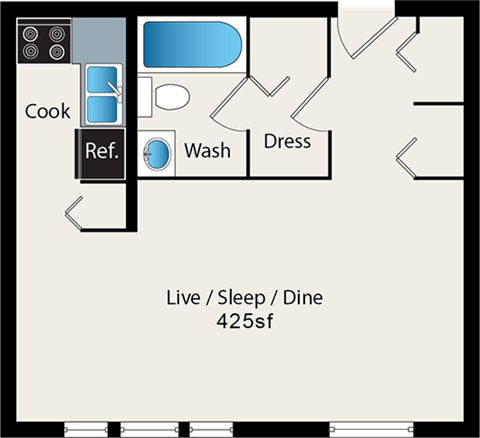 Floor plan for studio, 1 bath, 427 sqft