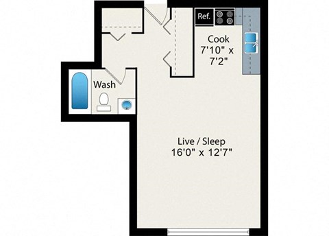 Floor plan for studio, 1 bath, 410 sqft