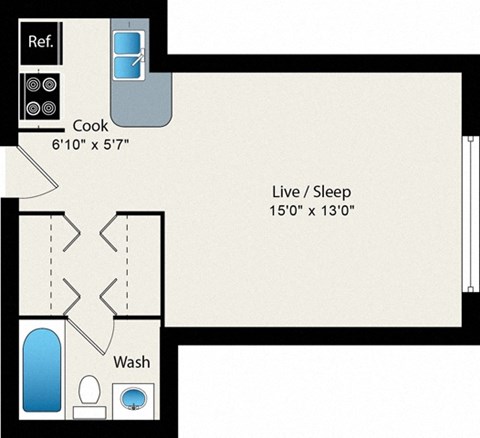 Floor plan for studio, 1 bath, 391 sqft