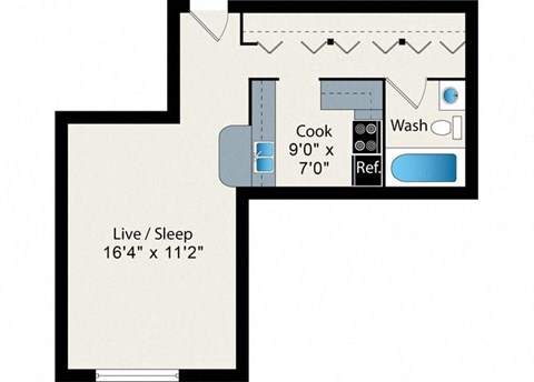 Floor plan for studio, 1 bath, 434 sqft