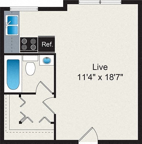 Floor plan for studio, 1 bath, 390 sqft