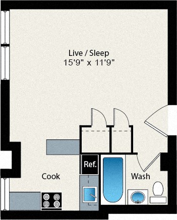 Floor plan for studio, 1 bath, 360 sqft