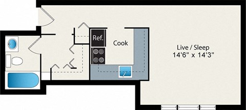 Floor plan for studio, 1 bath, 448 sqft