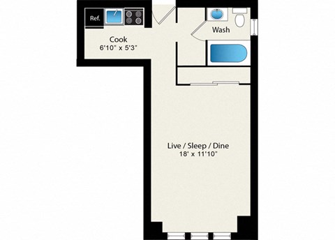 Floor plan for studio, 1 bath, 398 sqft