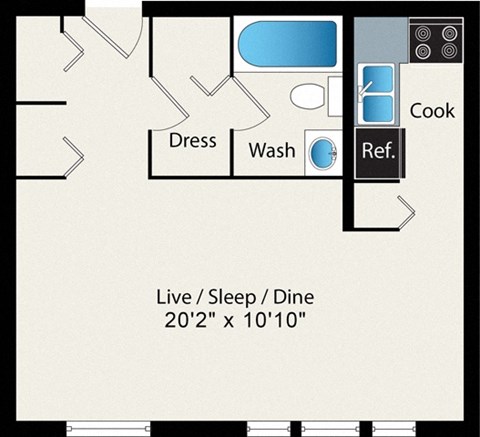 Floor plan for studio, 1 bath, 472 sqft