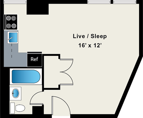 Floor plan for studio, 1 bath, 360 sqft