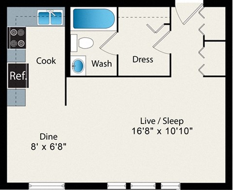 Floor plan for studio, 1 bath, 483 sqft