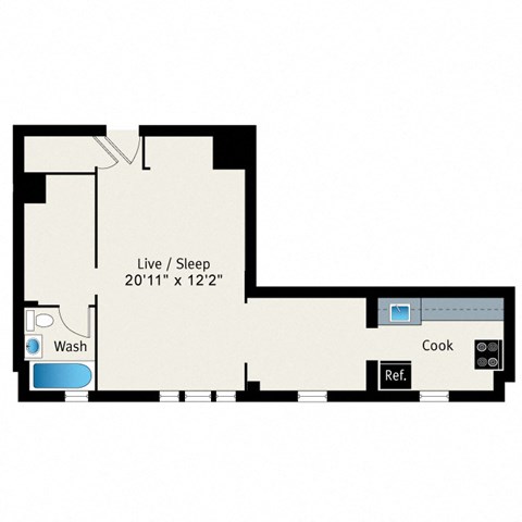 Floor plan for studio, 1 bath, 647 sqft