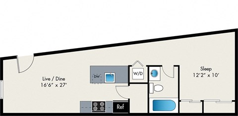 Floor plan for studio, 1 bath, 494 sqft