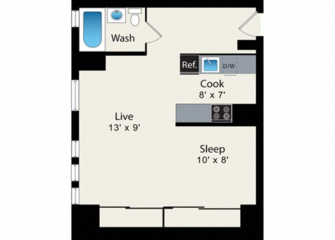 Floor plan for studio, 1 bath, 478 sqft