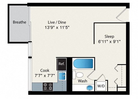 Floor plan for studio, 1 bath, 446 sqft