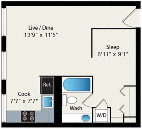 Floor plan for studio, 1 bath, 446 sqft