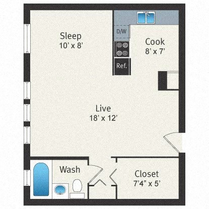 Floor plan for studio, 1 bath, 482 sqft