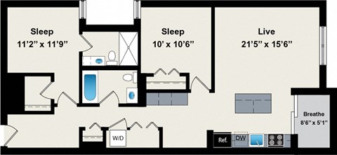 Floor plan for 2 beds, 2 baths, 1032 sqft