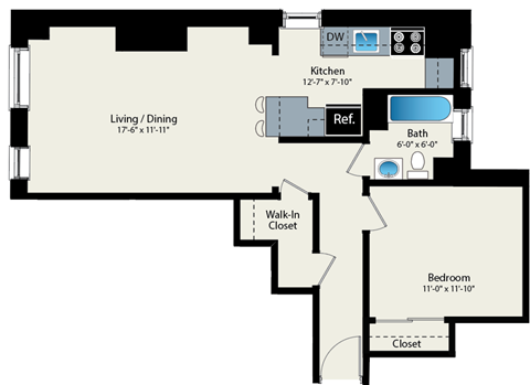 Floor plan for 1 bed, 1 bath, 671 sqft