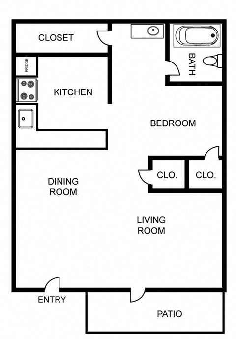 Floor plan for studio, 1 bath, 603 sqft