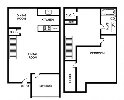 Floor plan for 1 bed, 1 bath, 960 sqft