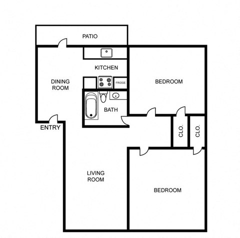 Floor plan for 2 beds, 1 bath, 939 sqft