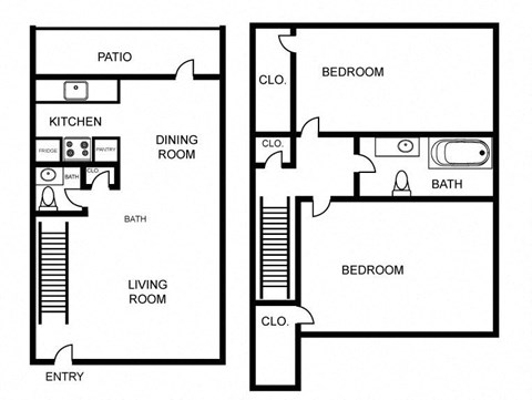 Floor plan for 2 beds, 1.5 baths, 1010 sqft