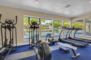 Winter Haven apartment for rent - A gym with a view of a pool and trees outside the window.