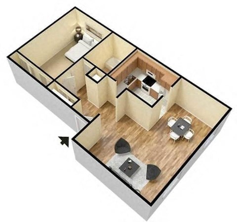 Floor plan for 1 bed, 1 bath, 730 sqft