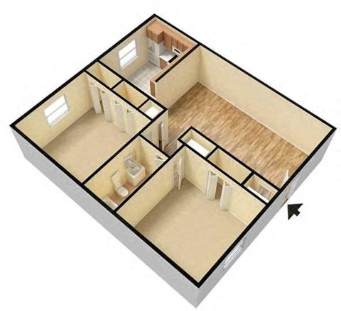 Floor plan for 2 beds, 1 bath, 860 sqft
