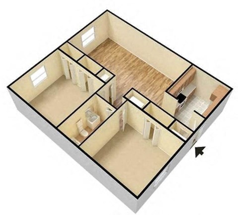 Floor plan for 2 beds, 1 bath, 860 sqft