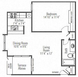 Floor plan for 1 bed, 1 bath, 694 sqft
