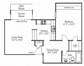 Floor plan for 1 bed, 1 bath, 725 sqft