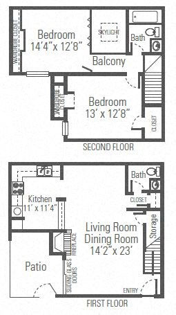 Floor plan for 2 beds, 1.5 baths, 1130 sqft