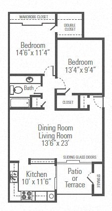 Floor plan for 2 beds, 1 bath, 963 sqft