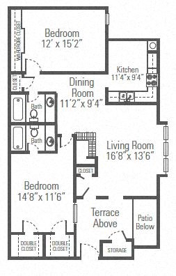 Floor plan for 2 beds, 2 baths, 1075 sqft