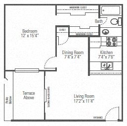 Floor plan for 1 bed, 1 bath, 643 sqft