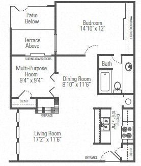 Floor plan for 1 bed, 1 bath, 837 sqft