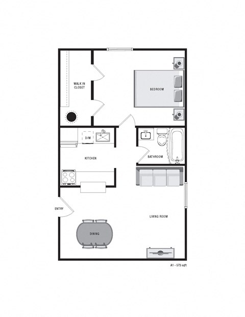 Floor plan for 1 bed, 1 bath, 573 sqft