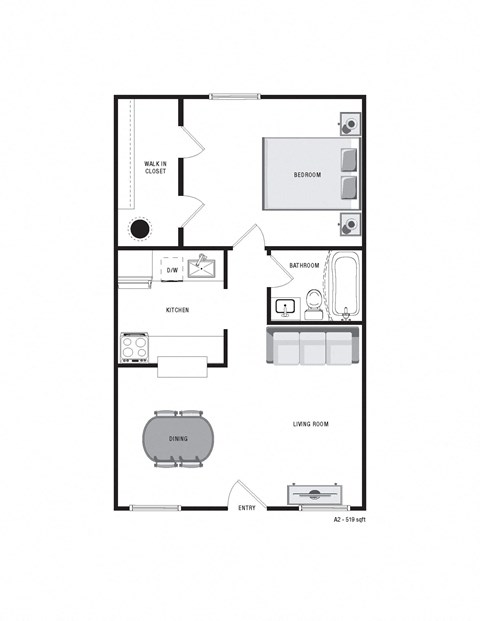 Floor plan for 1 bed, 1 bath, 519 sqft