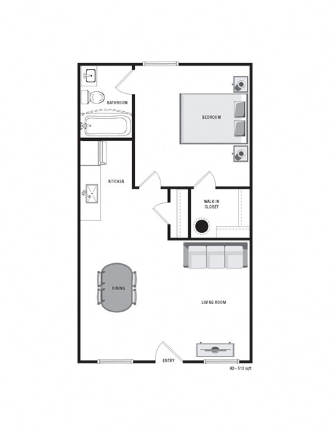 Floor plan for 1 bed, 1 bath, 513 sqft