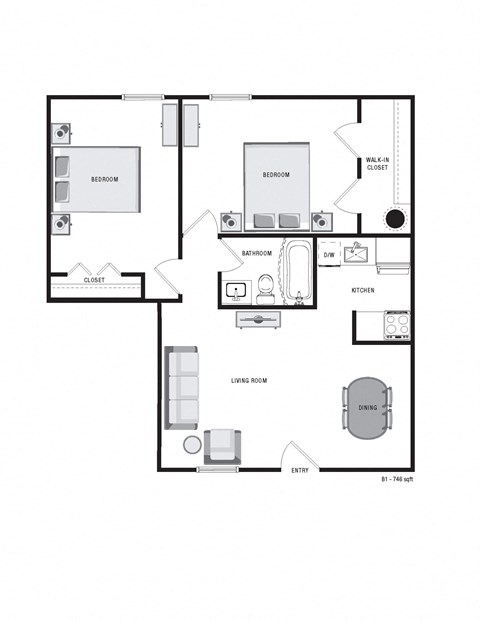 Floor plan for 2 beds, 1 bath, 828 sqft