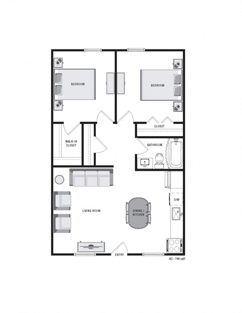 Floor plan for 2 beds, 1 bath, 748 sqft