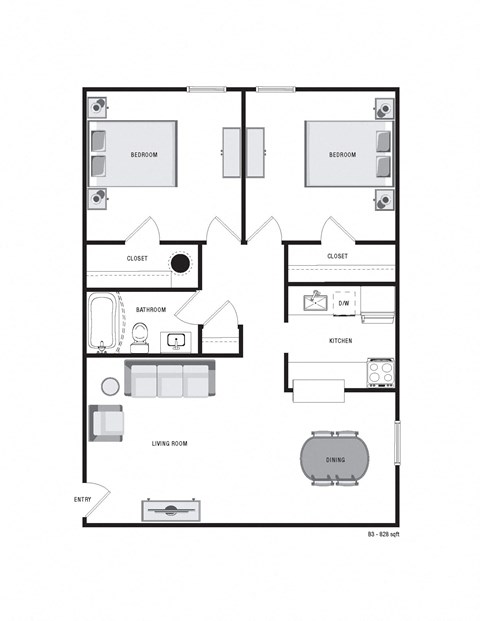 Floor plan for 2 beds, 1 bath, 746 sqft