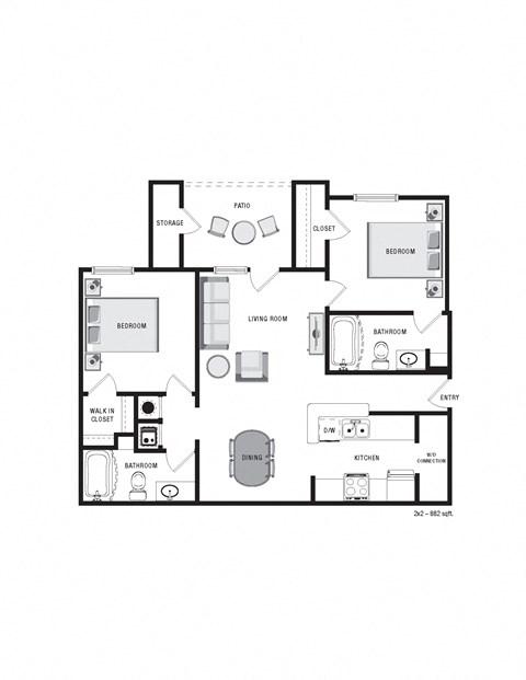 Floor plan for 2 beds, 2 baths, 882 sqft