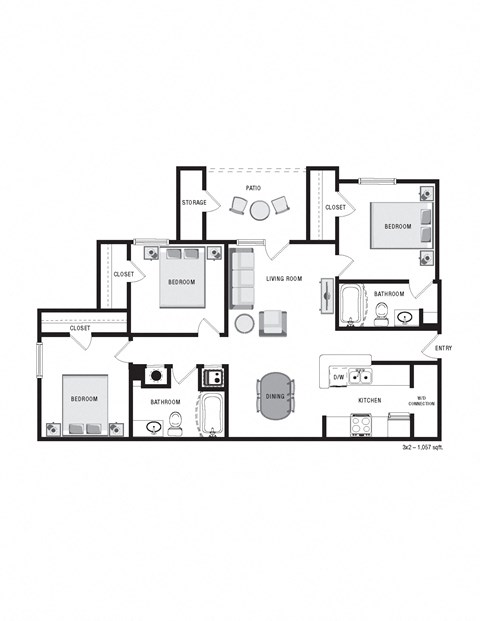 Floor plan for 3 beds, 2 baths, 1057 sqft
