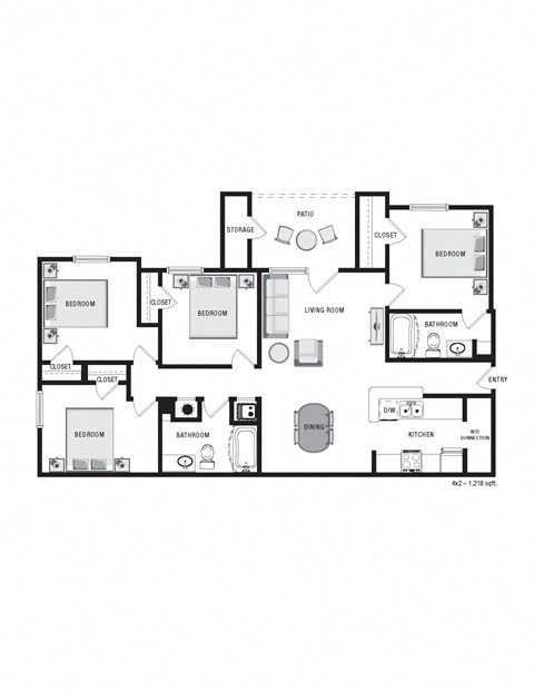 Floor plan for 4 beds, 2 baths, 1218 sqft