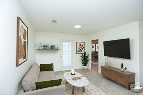 Baton Rouge apartment for rent - A living room with a grey couch, a coffee table, a plant, and a television.