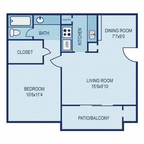 Floor plan for 1 bed, 1 bath, 570 sqft
