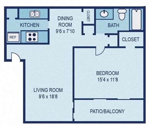 Floor plan for 1 bed, 1 bath, 770 sqft