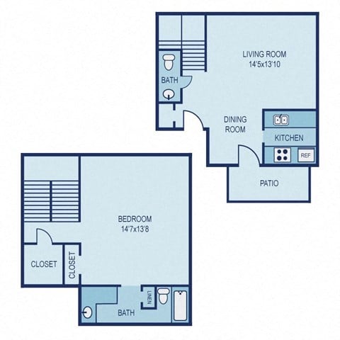 Floor plan for 1 bed, 1.5 baths, 868 sqft