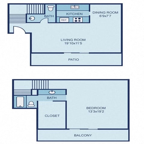 Floor plan for 1 bed, 1.5 baths, 925 sqft