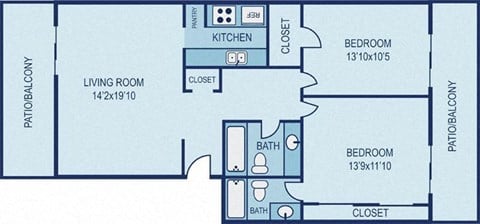 Floor plan for 2 beds, 2 baths, 1036 sqft