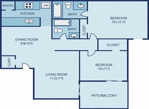 Floor plan for 2 beds, 2 baths, 960 sqft